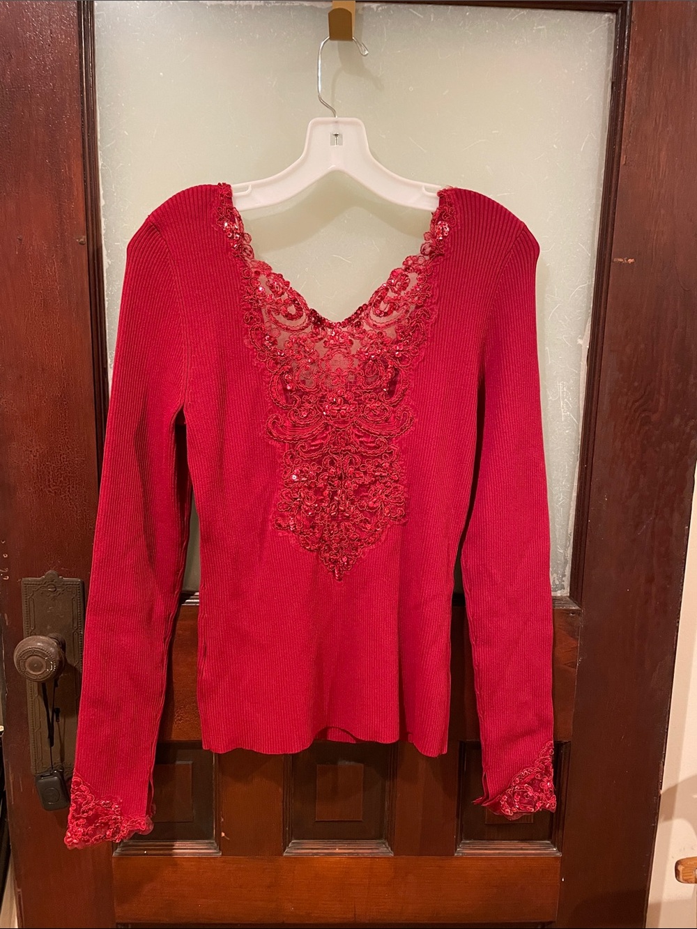 Cache Red Women's V-Neck Lace Appliqué Sweater Top